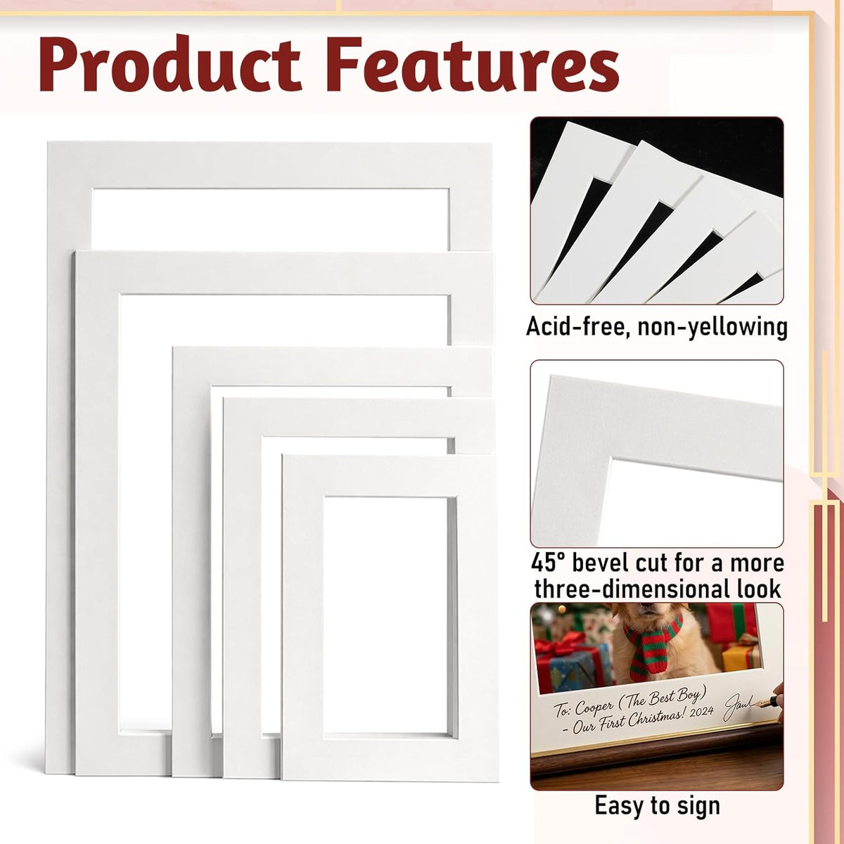Xelsluthe 10 Pack 6,7,8,10, 11.6 Inch Picture Mats for Frames, Picture Frame Mats Core Bevel Cut Mat Board Show Kit