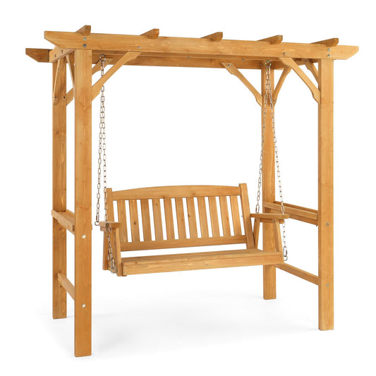 VINGLI 4 FT Heavy Duty Wooden Porch Swing with Stand, Waterproof Patio Swing with Archway-Shaped Swing Set, Outdoor Swing Chair with Frame for Garden, Yard and Patio