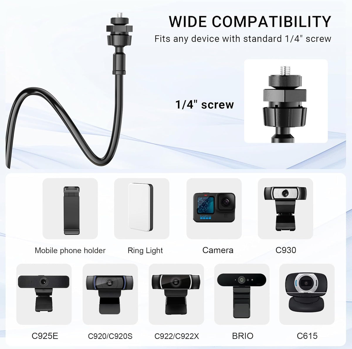 LenTok C922 C930e C920S C920 C615 C960 C920x Flexible Webcam Stand Mount for Desk, Gooseneck Webcam Tripod with Clamp