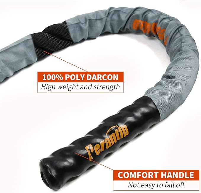 Perantlb Poly Battle Rope with Cloth Sleeve -1.25/1.5/2 Inch Diameter 30' 40' 50' Lengths -Gym Muscle Toning Metabolic Workout Fitness, Battle Ropes for Home Gym