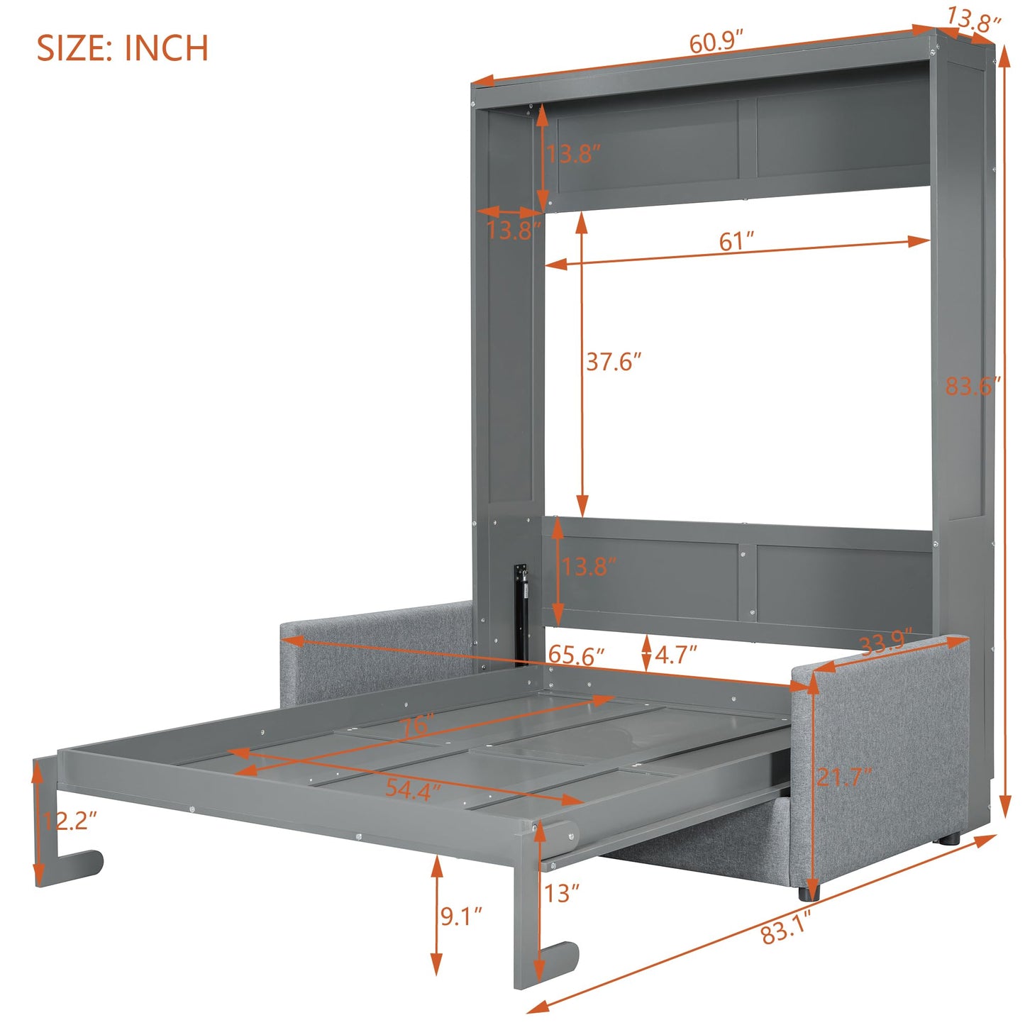 Merax Full Size Murphy Bed, Wood Multi-Function Wallbed with Sofa, Wooden Slat Support for Kids, Teens, Adults, Gray