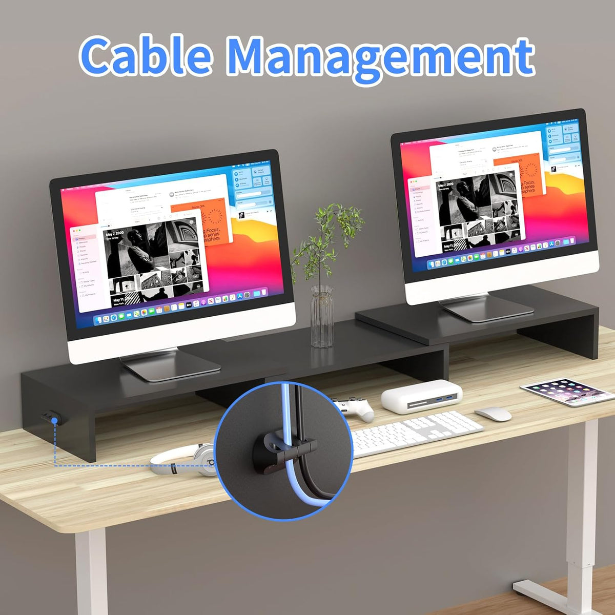 2 48.2" 44 lbs Pholiten Dual Monitor Stand Riser for MonitorsDesktop Monitor Stand with Adjustable Length and Swivel