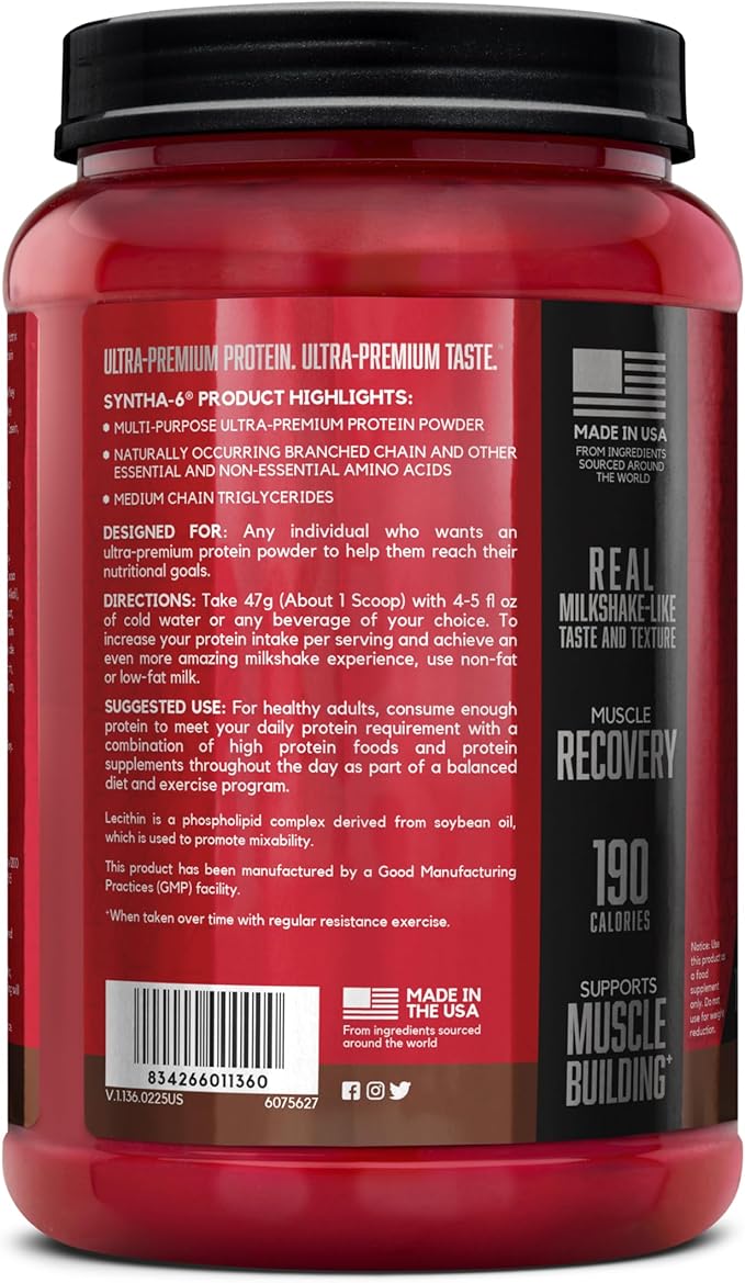 BSN SYNTHA-6 Premium Protein Powder with 6g of Fiber, Whey Protein, Micellar Casein, Milk Protein Isolate Blend, 5g Fat, Chocolate Milkshake, 14 Servings (Packaging May Vary)