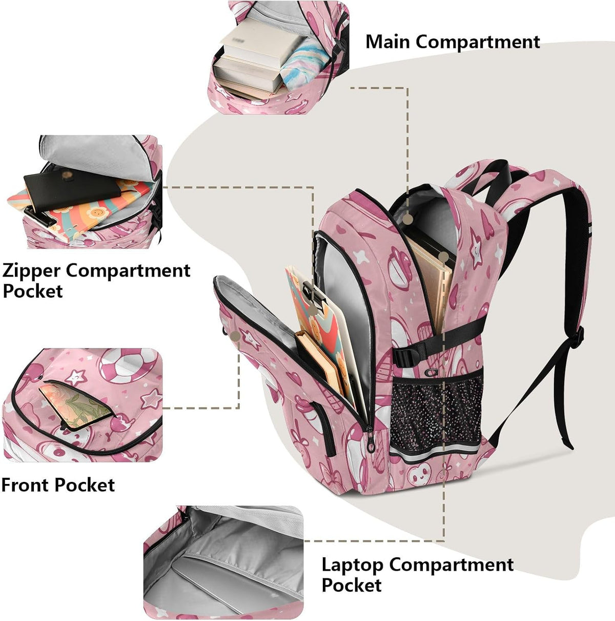 Bolaz Backpack 14 Inch Football Ice Cream Cherry Star Heart Pattern Travel Laptop Computer Bag Sturdy School Bag