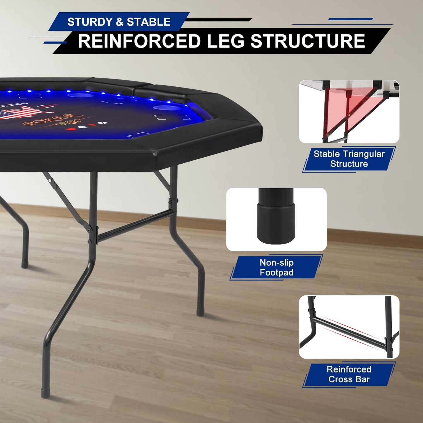 REAHOISY 48" LED Poker Table, 8 Players Foldable Octagonal Casino Table for Home Game Room, Folding Texas Holdem Board Game Table with LED Light & Padded Armrest & Cup Holders
