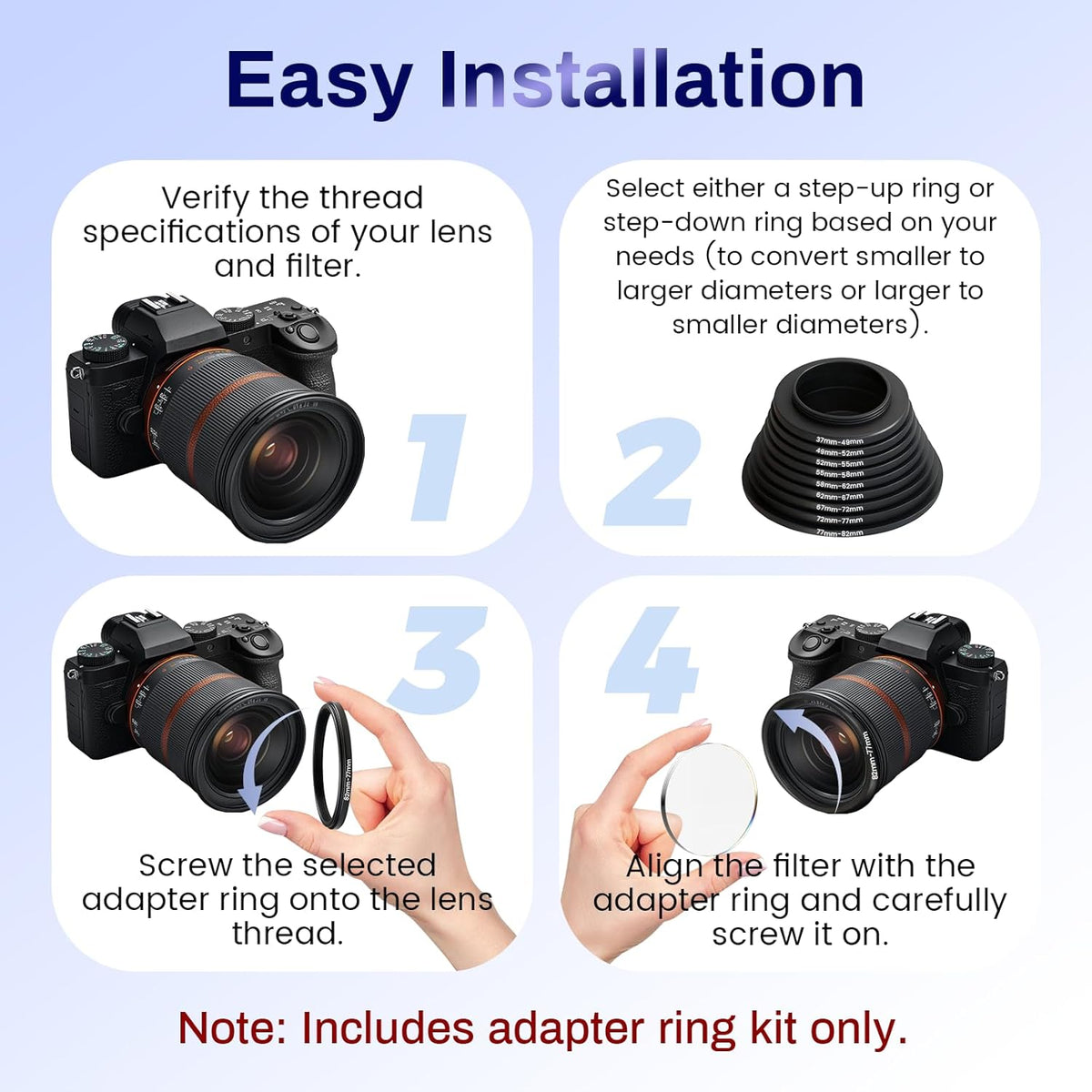 Wokyo 18 Set, 37 49 52 55 58 62 67 72 77 82mm PCS Lens Filter Adapter Ring Metal Step Up/Down Ring Adapter Filter