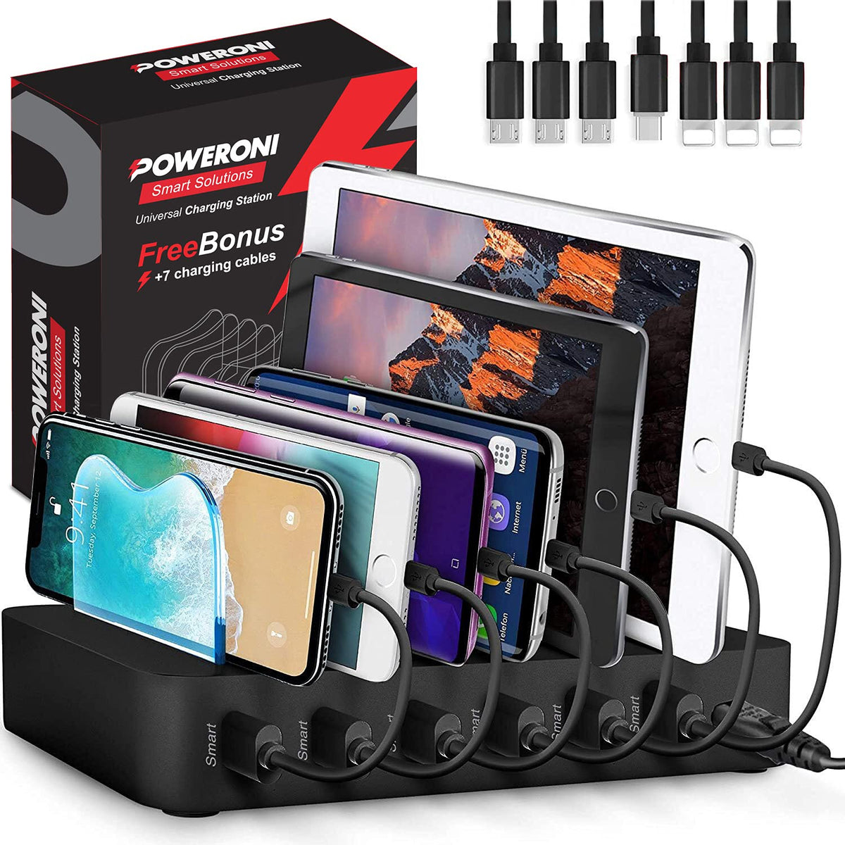 USB Charging Station - 6 Port Universal Charging Station for Multiple Devices - Multi Device Charger Dock - Compatible with Apple, iPad, iPhone, Android Cell Phones, and Tablets - Black