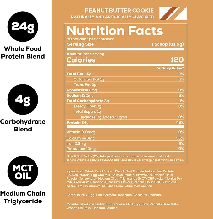 REDCON1 MRE Lite Whole Food Protein Powder, Peanut Butter Cookie - Low Carb & Whey Free Meal Replacement with Animal Protein Blends - Easy to Digest Supplement Made with MCT Oils (30 Servings)