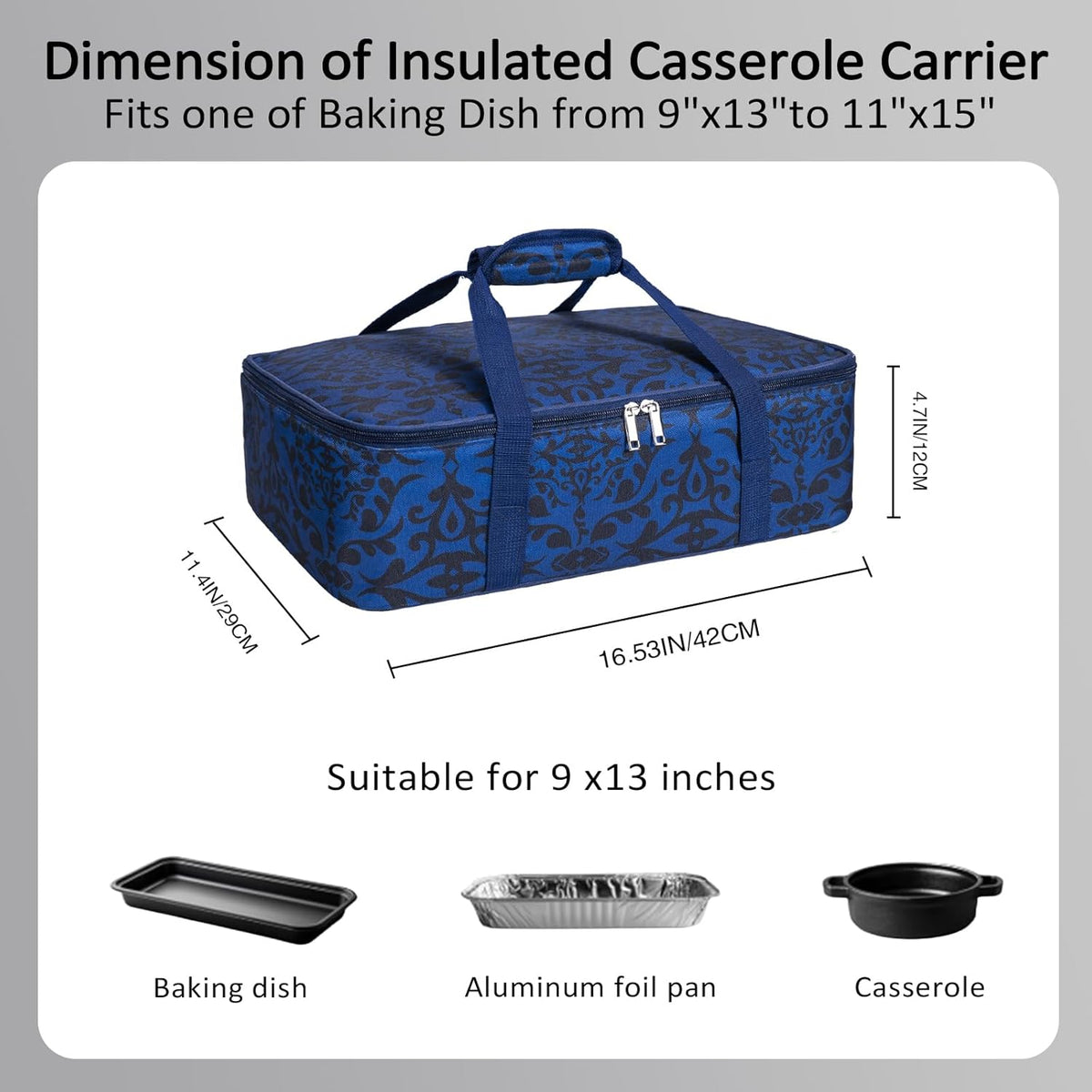 Skiennix Insulated Casserole Carrier Bag - Portable Tote for Hot/Cold Food | Fits 9x13" Dish - Blue/Black