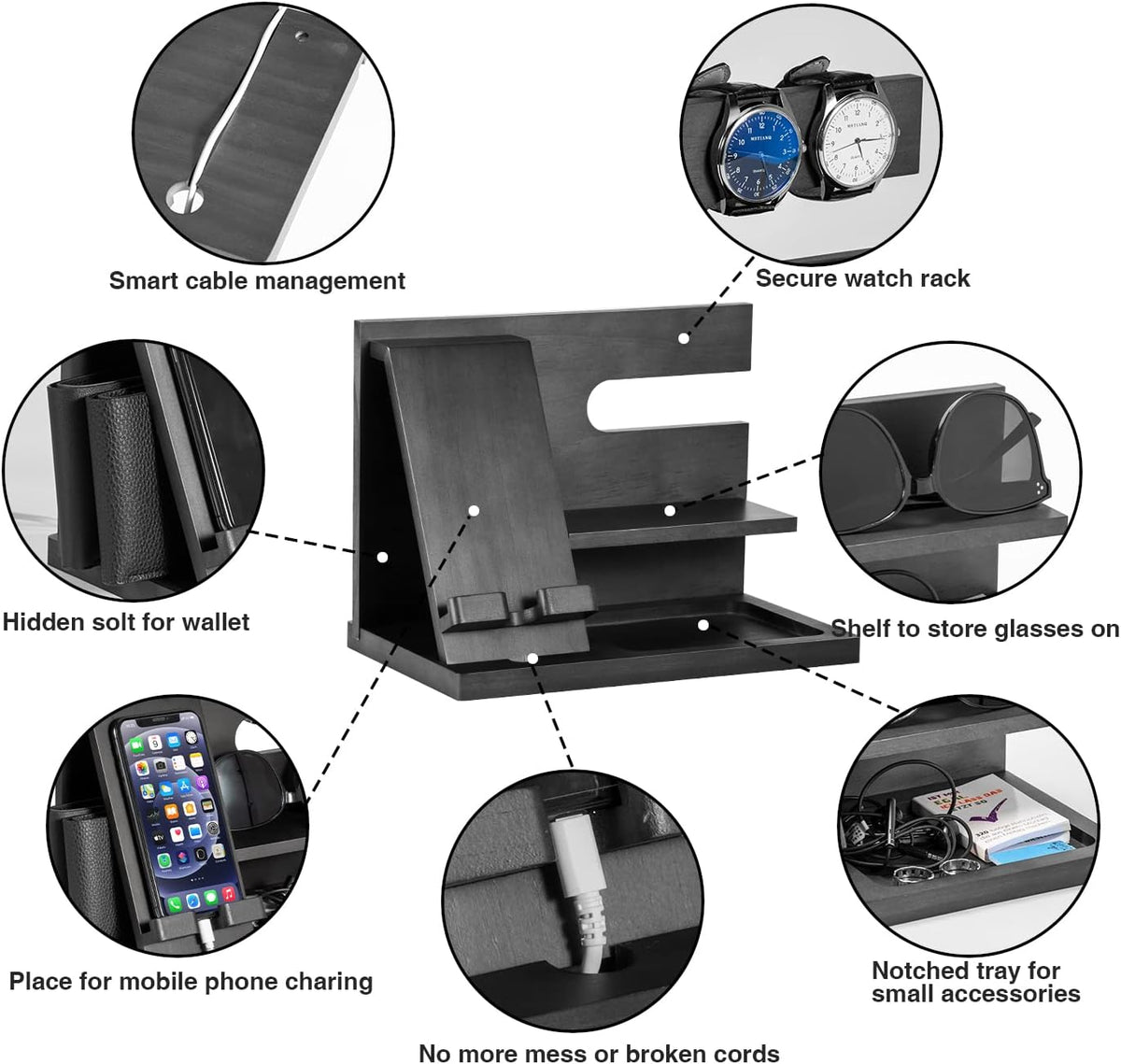 AliveByte Wood Phone Docking Station - Gifts for Men Desk or Nightstand Organizer - Birthday Gifts for Husband, Fathers
