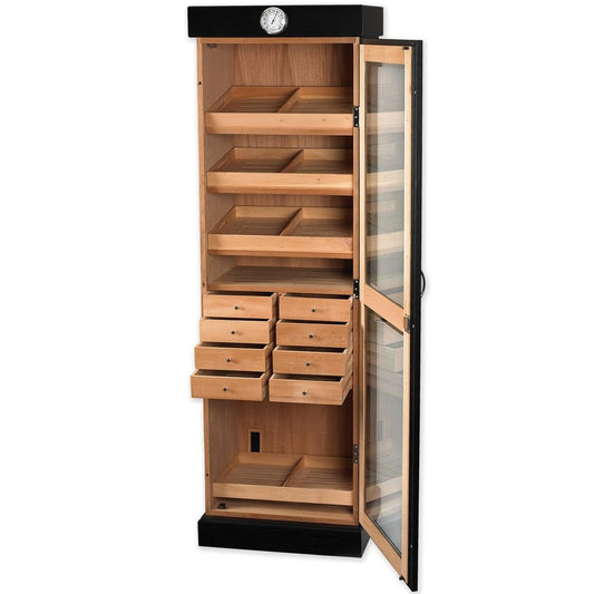 Humidor Supreme Black Tower Humidor with Adjustable Shelves and Drawers | Large Capacity Cigar Cabinet with Tempered Beveled Glass Door, Hygrometer, and Dried Spanish Cedar Lining - Holds 3000 Cigars