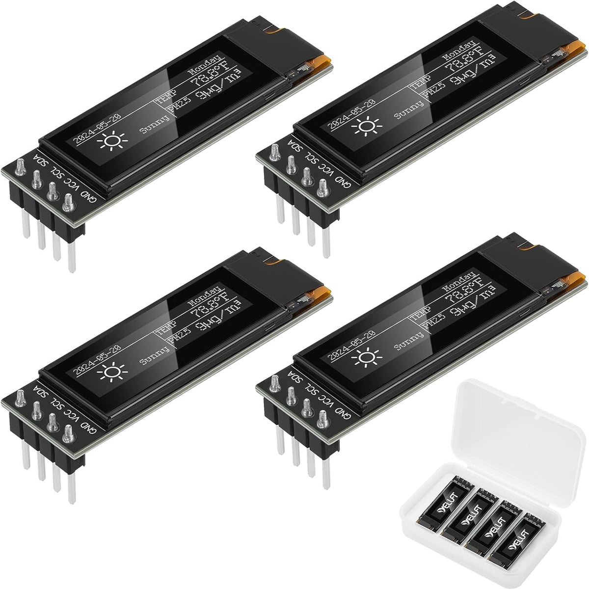 YELUFT 4pcs 0.91 Inch I2C 128 32 SSD1306 3.3V~5V Pi/ESP32 Pre-Soldered OLED Display Module with Protective Case x Pixel