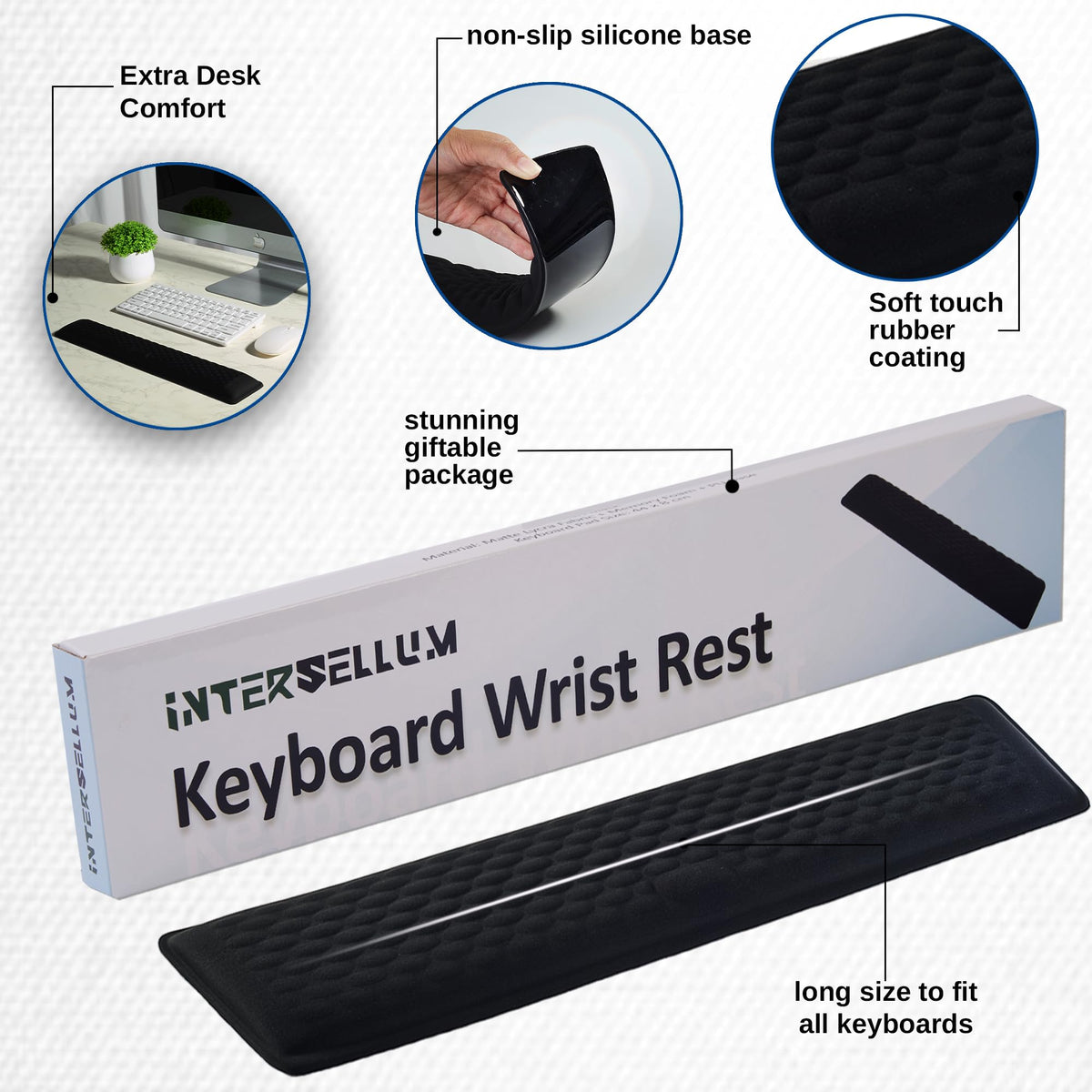 Ergonomic Memory Foam Keyboard Wrist Rest Pad, Extra-Wide Black, Soft Non-Slip Arm Cushion for Computer, Laptop & Desk | Pain Relief & Typing Comfort for Office & Gaming Use