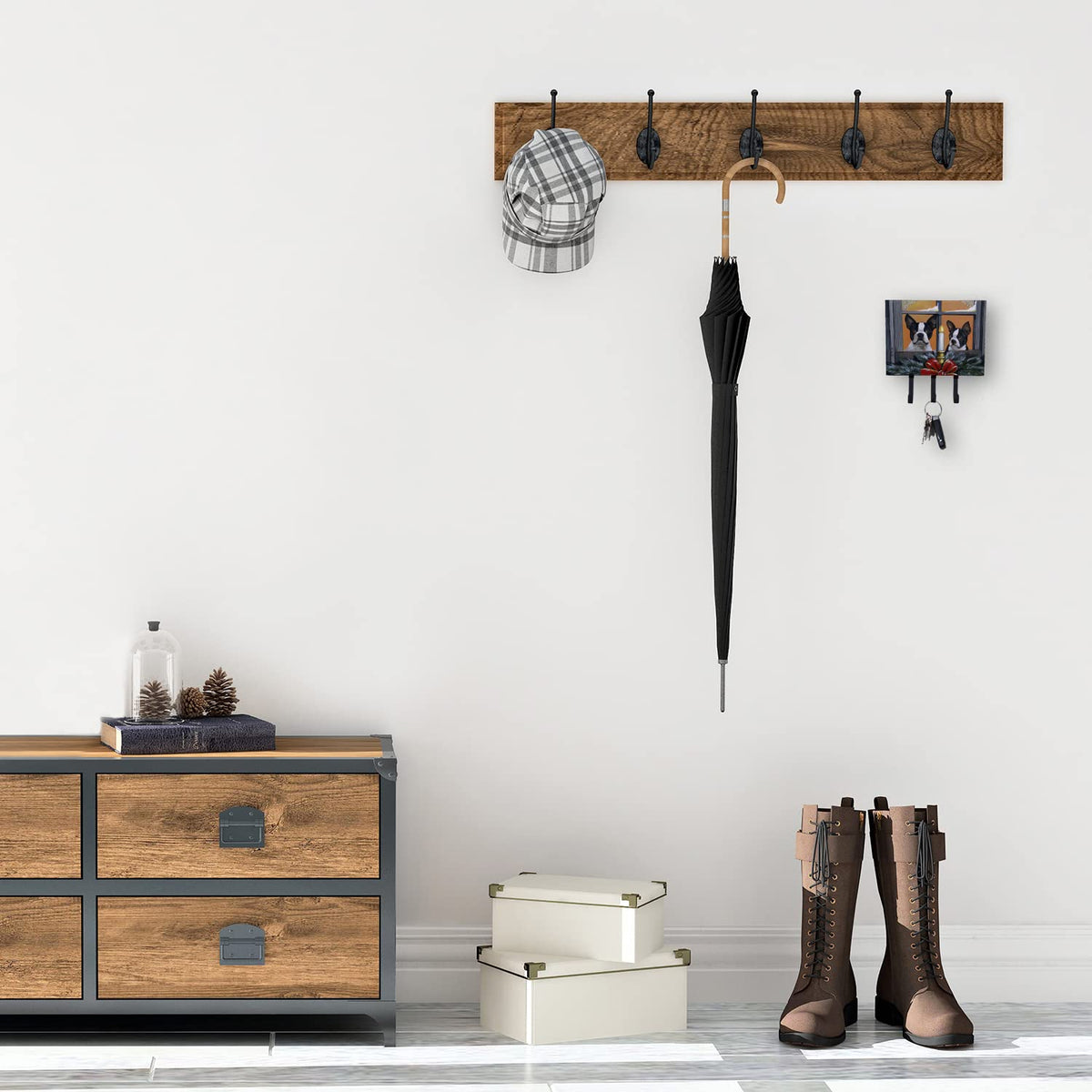 Caroline's Treasures PPP3248TH68 Boston Terrier Looking for Santa Christmas Leash or Key Holder, Wall Hooks, Key Hooks Holder, Coat Rack Wall Mount, Coat Hooks, Hooks for Hanging Keys, Towels, Aprons,
