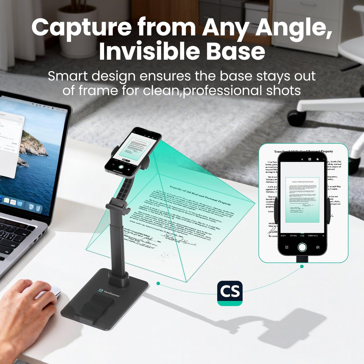 CamScanner 360 Phone(1 Pack) Adjustable Phone Stand, Rotatable Clip-On Holder,Desk Mount with Non-Slip Base