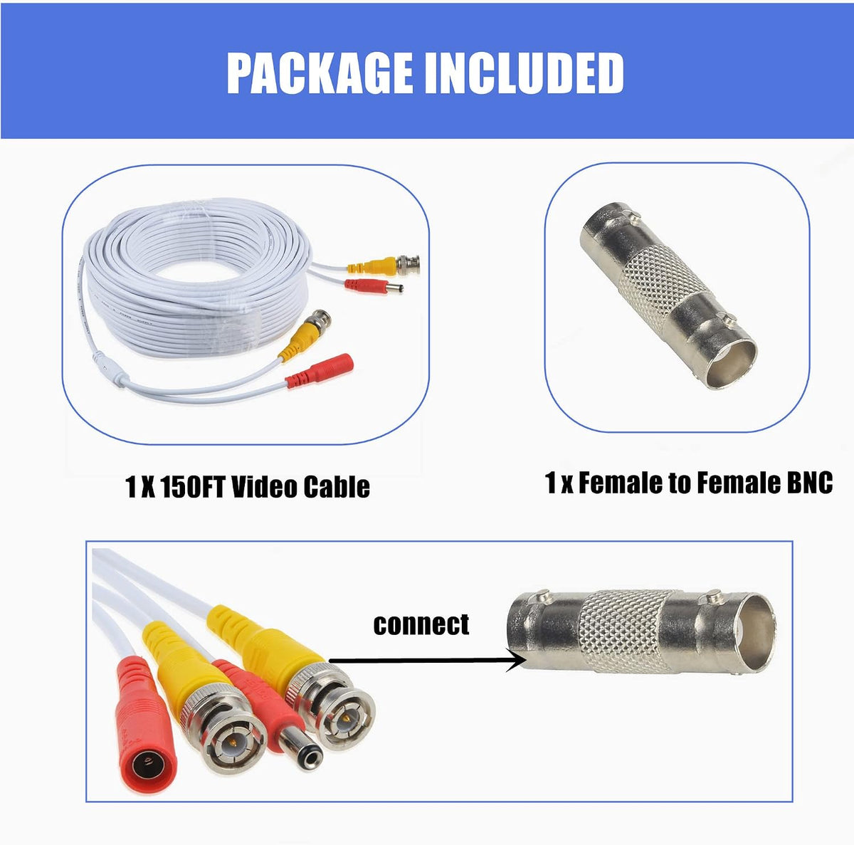 150ft White BNC Video Power Cable for Zosi CCTV DVR Security Cameras
