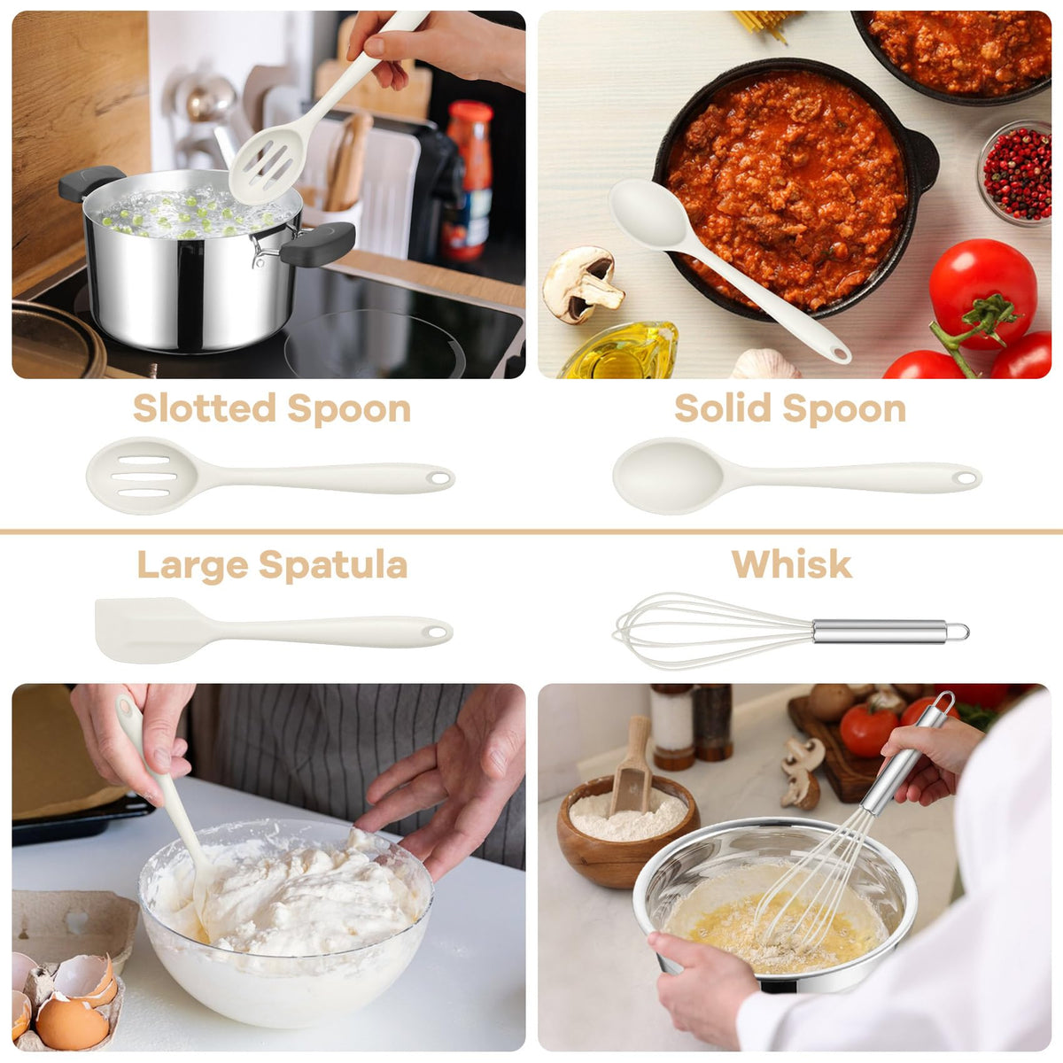 TeamFar 8 PCS Silicone Cooking Utensils - 446°F Heat Resistant Kitchen Silicon Utensils Set, Turner, Spatula, Spoon, Whisk, Kitchen Cooking Gadgets Tools for Nonstick Cookware, Dishwasher Safe-White