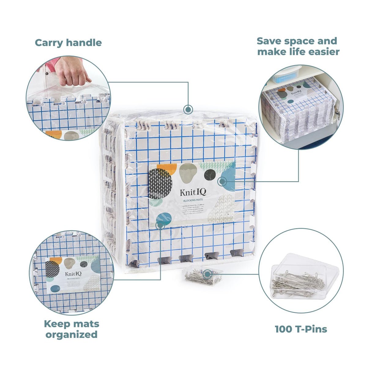 Blocking Mats for Knitting - KnitIQ Extra Thick Blocking Boards for Crochet Projects with Gridlines - 100 T-Pins and Storage Bag Included for Knitting Supplies - Standard Mat Set - Pack of 9