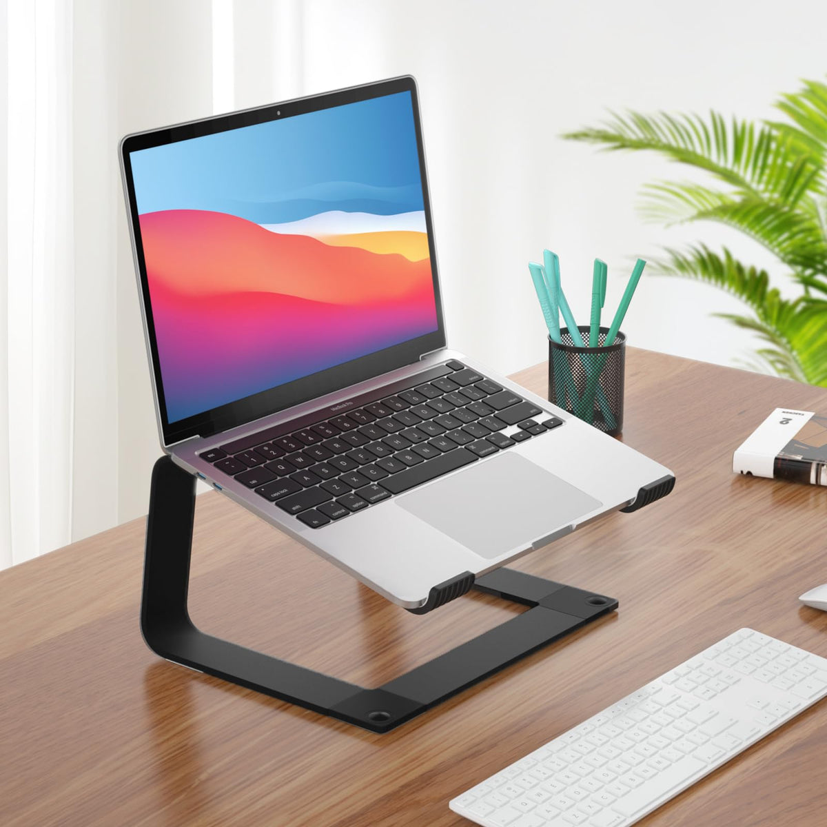 GleYo Laptop Stand for Desk Portable Computer Riser Metal Notebook Holder Printer Stand Office Desk Accessories Compatible with MacBook Air, Pro, Dell, HP, Lenovo and All 10-16" Laptops, Black