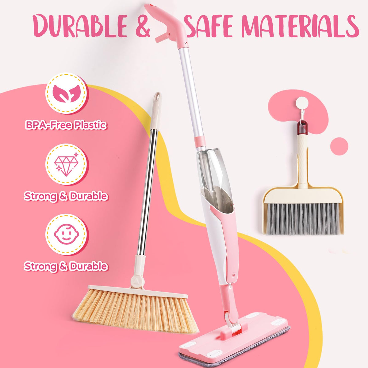 Kids Cleaning Toy Set,Pink Mini Spray Mop Montessori Toys Pretend Play Cleaning Tool for Toddlers with Spray Mop & Kids Broom Dustpan Set Cleaning Toys Gift for Toddlers Girls Boys Age 3+