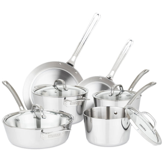 Viking Contemporary 3-Ply Pots and Pans Set, 10 Piece Stainless Steel Kitchen Cookware, Silver
