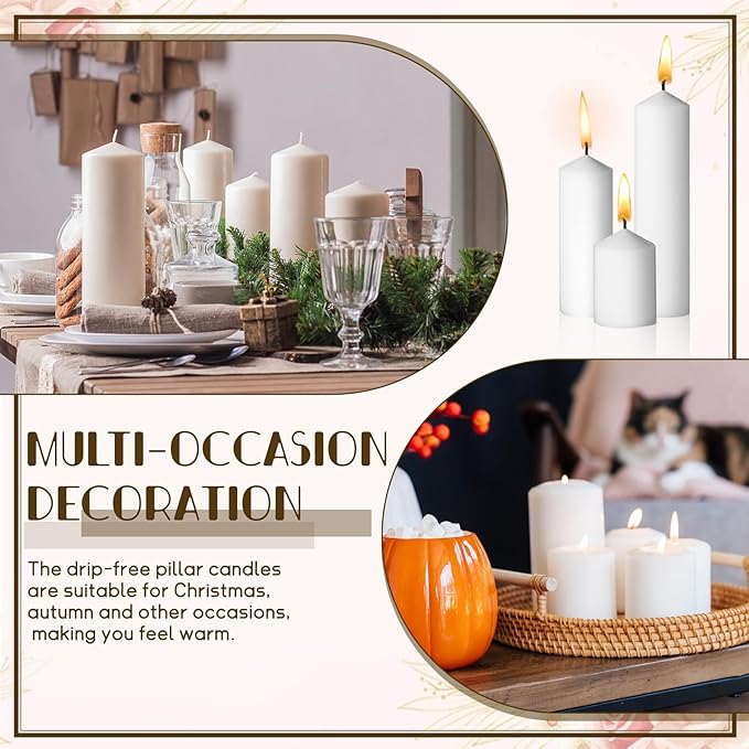 72PC White Pillar Candles Bulk 2 in x 3, 6, 8 Inch Long Burning Wax Pillar Candles Unscented Smokeless Dripless for Wedding Centerpieces Spa Lantern Fireplace Home Festival Party Decor