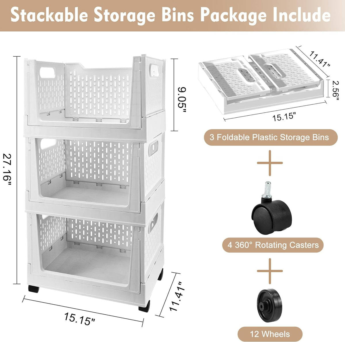 Stackable Plastic Storage Baskets by [Brand Name] - 3 Pack Foldable Organizers with Wheels | Versatile Storage for Home & Office