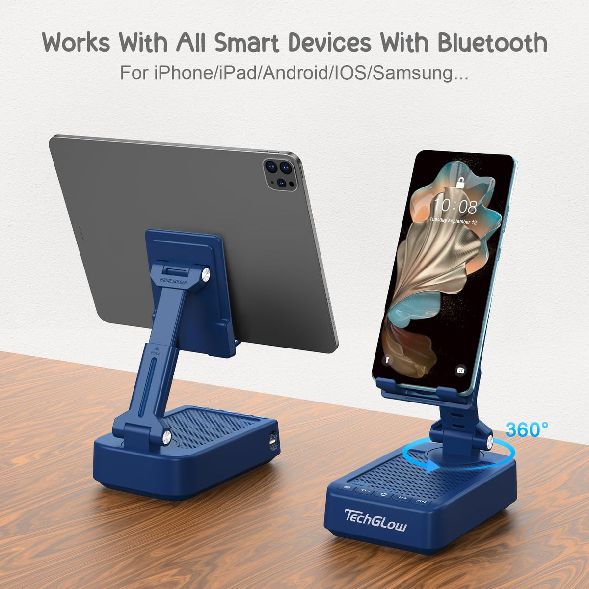 TechGlow Gifts for Men Women Foldable Cellphone Stand with Bluetooth Speaker and Charging Function 360° Rotatable Phone Stand Birthday Gift Idea for Mom Dad Cool Tech Gifts-Blue