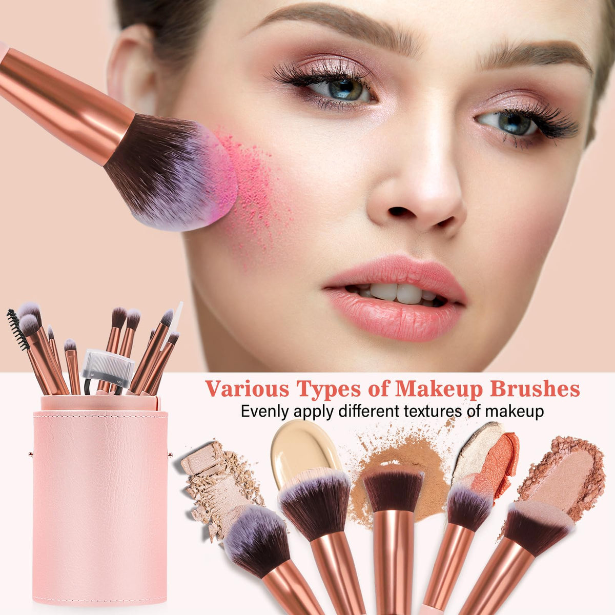 Makeup Brush Set, 17PCs Makeup Brushes with Foundation Eyebrow Blending Concealer Blush Eyeshadow Contour Lash Powder Brush, Make Up Brushes Kit with Organizer Travel Case (Medium, Pink)