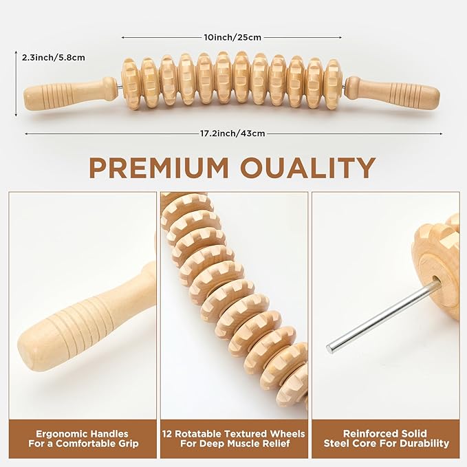 Wooden Cellulite Massage Roller for Legs and Thighs - Handheld Fascia Blaster Tool for Muscle Relief, Lymphatic Drainage & Body Sculpting - Anti Cellulite Massager for Women and Men (12 Wheel)