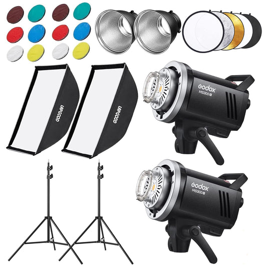 Godox MS300V Studio Flash Kit (2X 300W) with 2 Softboxes, 2 Light Stands, 2 Reflectors, LED Modeling Lamps, 2.4G Wireless X System, Bowens Mount – Ideal for Studio, Portrait & Fashion Photography