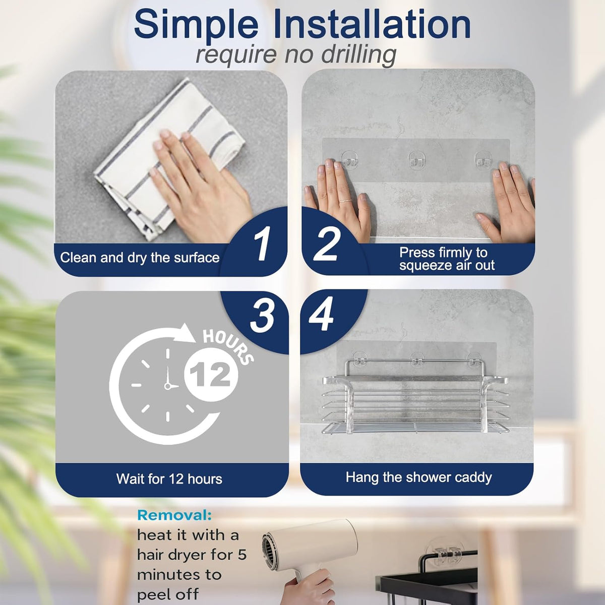 Skiennix Shower Caddy Adhesive Replacement - 4 Pack Strong Hooks for No-Drill Bathroom Storage