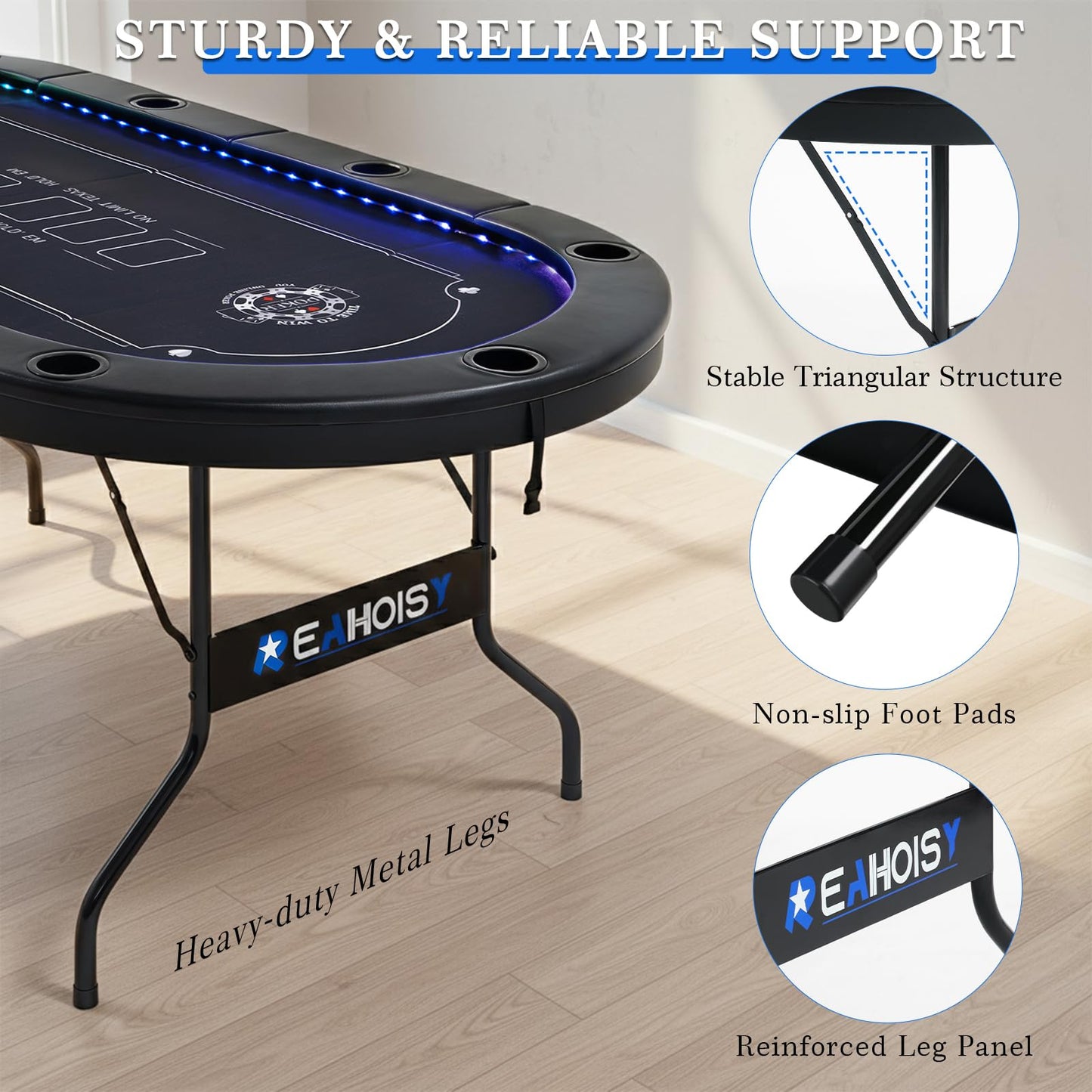 REAHOISY LED Poker Table for 10 Players, 84" Oval Foldable Texas Holdem Casino Table with Tri-Color LED Lights, Board Game Table for Home Game Room with 10 Cup Holders and Padded Armrests