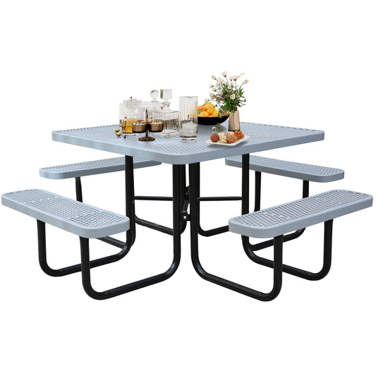 Sunnibety 8-Person Picnic Tables for Outdoors, Industrial 46" Expanded Metal Square Picnic Table with 4 Benches & Umbrella Hole, Outside Table and Bench Set for Garden, Backyard, Porch, Patio, Grey