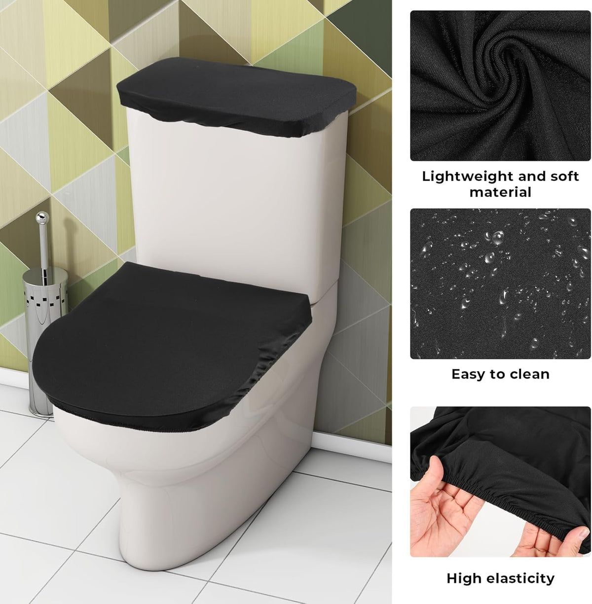 Skiennix Toilet Lid Cover Set - Soft Stretch Black Toilet Seat & Tank Covers for Universal Fit