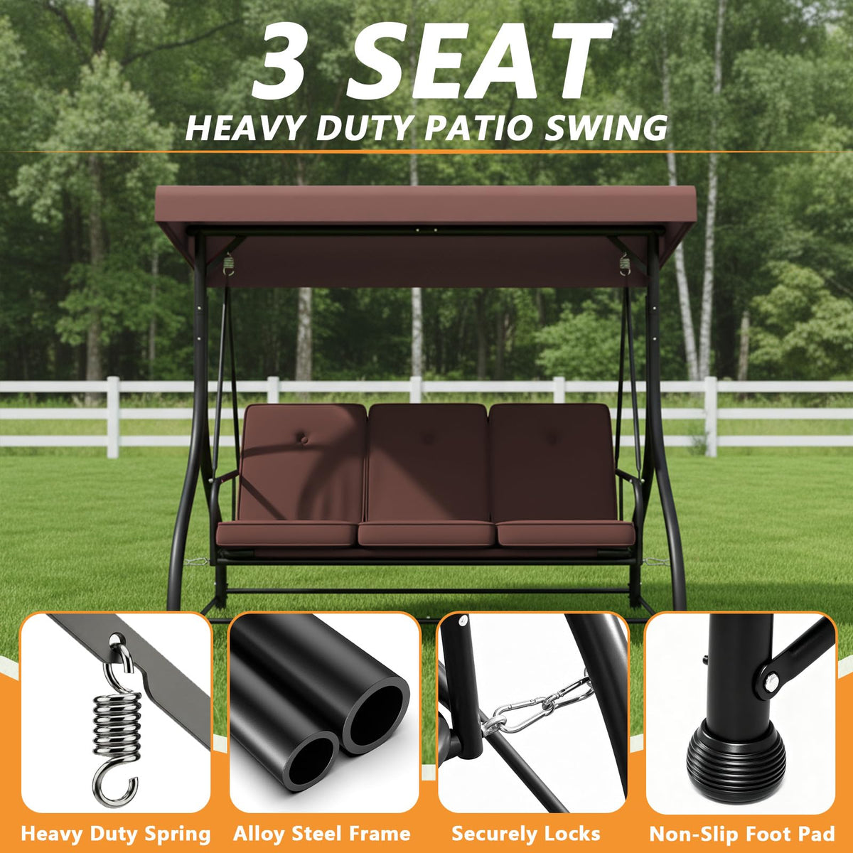 3 Seat Outdoor Porch Swing with Stand, 760 lbs Capacity Heavy Duty Patio Glider Swings for Adults, Convertible 2 in 1 Patio Swings Bed with Adjustable Canopy & Thick Cushions for Garden Yard