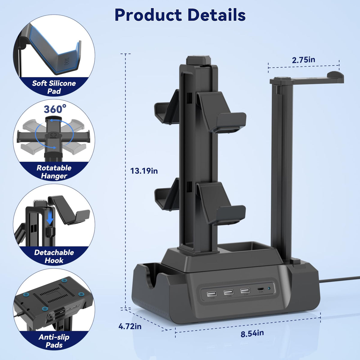 KDD Charging Station for Multiple Devices - 4 Ports Charging Dock with Controller and Headset Stand - 3 USB A & 1 USB C for Cellphone Tablet and Other Electronic - Multi Storage for Gaming Accessories