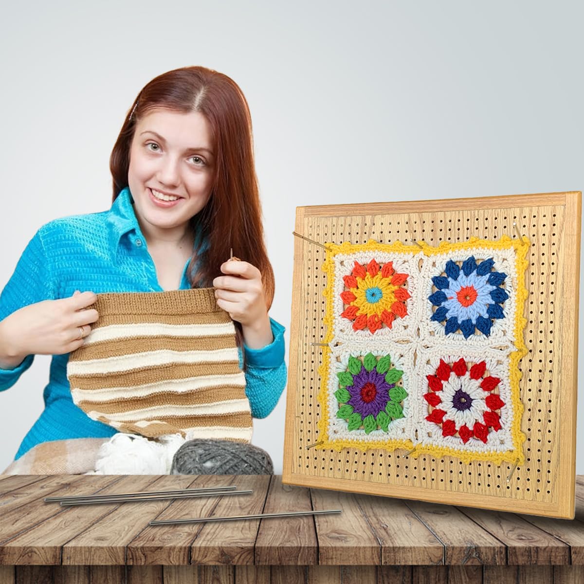 Crafts By KFRod - Top Quality Blocking Board for Crocheting, Christmas Gift, 13 X 13 Inches with Grids Specially Designed Wood Crochet Blocking Board + Including 20 Stainless Steel Pins