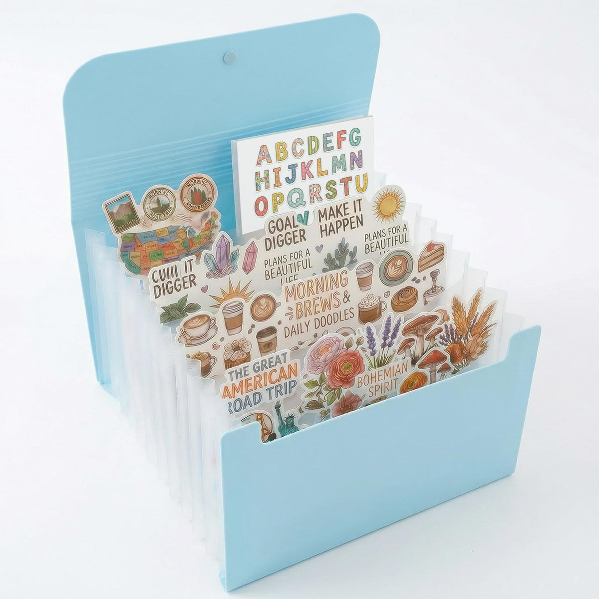 Sticker Storage Organizer with 13 Expandable Pockets, Multi-Layer Desktop Sticker Binder for Scrapbook Essentials and Journal Organizer, Large Capacity for Thick Sticker Album, Washi Tape(Blue)