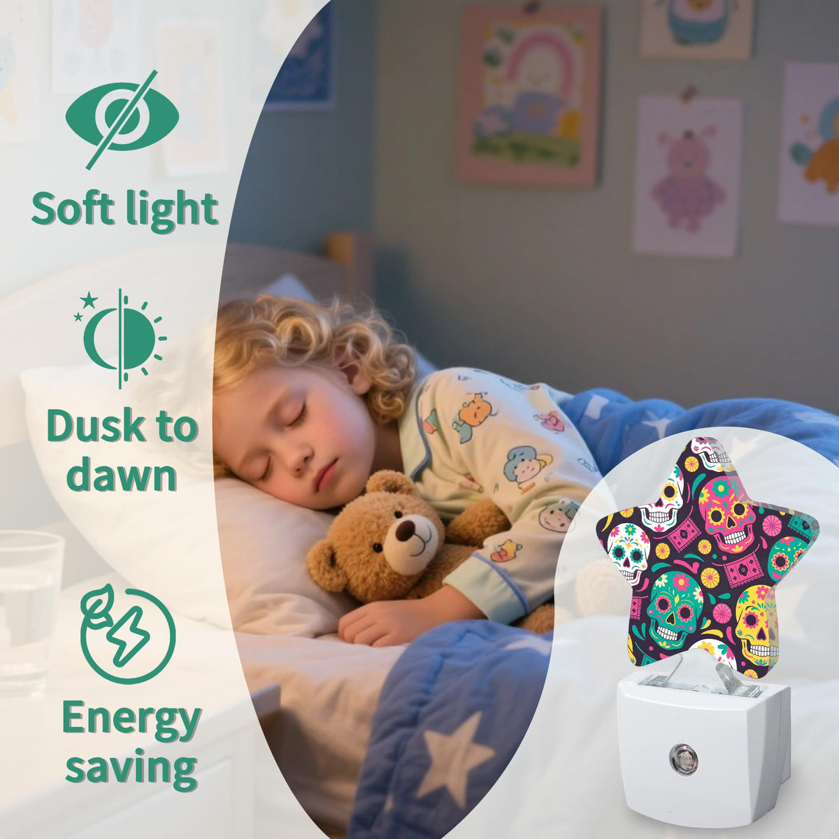 Skeleton Star Night Light Plug in, Decorative Night Light for Kids Room Nursery Bedroom, Soft Glow Sensor Lamp for Hallway Bathroom, Compact Energy Saving