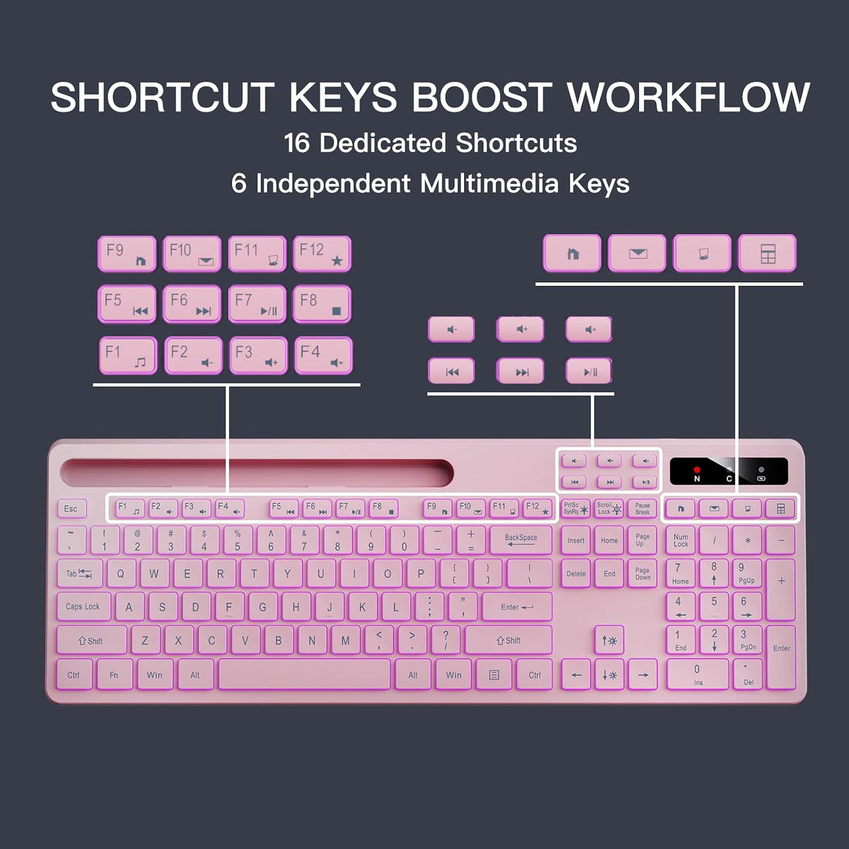 Soueto 7-Color 2.4G Wireless Keyboard with RGB Backlit, Full-Size Computer Keyboard with Phone Tablet Holder