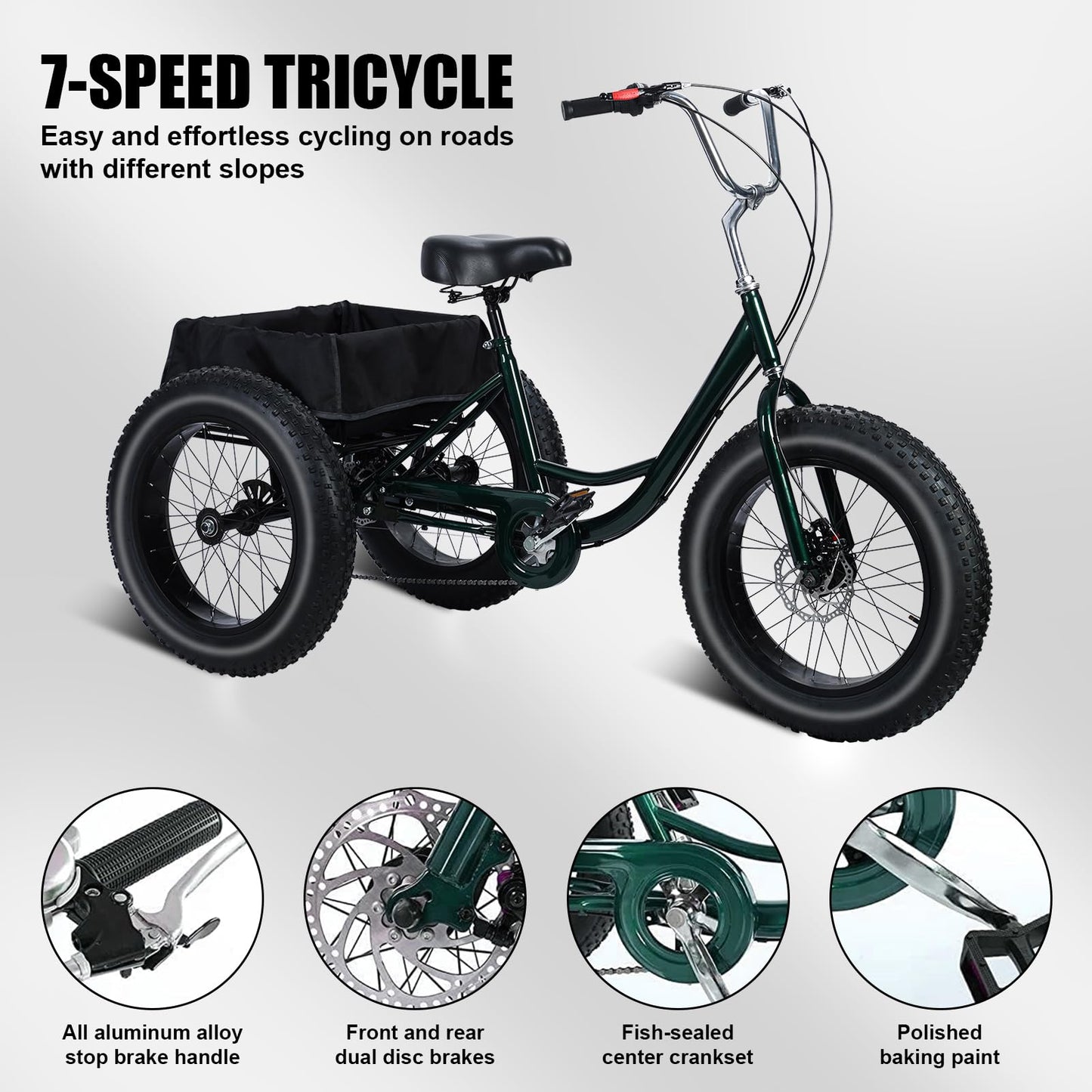 Adult Tricycle, 20 Inch Fat Tire Trike for Adults, 20" X 4" Tires, 7 Speeds, Loads 450lbs, Double Disc Brake, Anti-Slip Pedals, 3 Wheel Bikes for Adult, Large Shopping Basket for Commuting (BlackB)