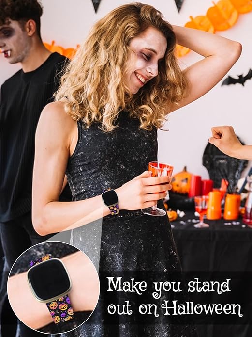 Watbro Halloween Holiday Band Compatible with Fitbit Versa 3 / Sense/Fitbit Versa 4 / Sense 2 Bands for Women Men,Soft Silicone Cute Sport Pumpkin Strap