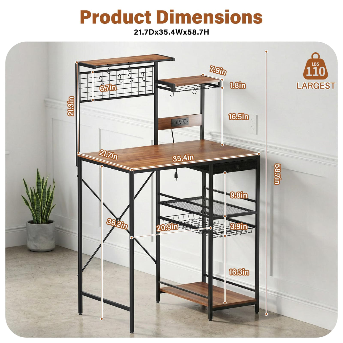 CozyDH Large Bakers Rack with Power Outlet, Kitchen Microwave Stand with Storage Shelves, Wire Basket and 12 S-Shaped Hooks, 35.4 Inches Rustic Brown Coffee