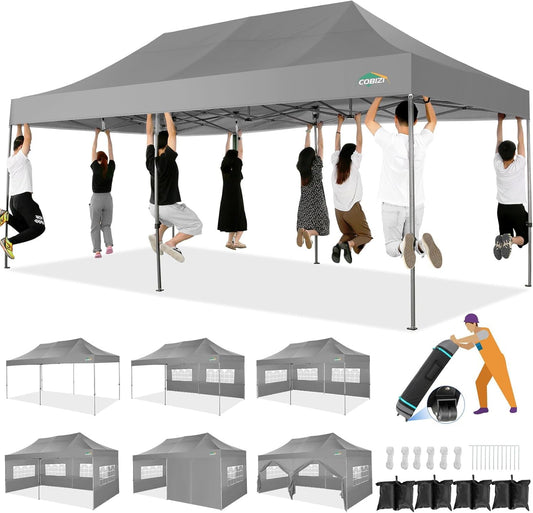 COBIZI 10x20 Heavy Duty Pop up Canopy Tent with 6 sidewalls Easy Up Commercial Outdoor Wedding Party Tents for Parties All Season Wind & Waterproof Gazebo Roller Bag, Light Grey(Frame Thickened)