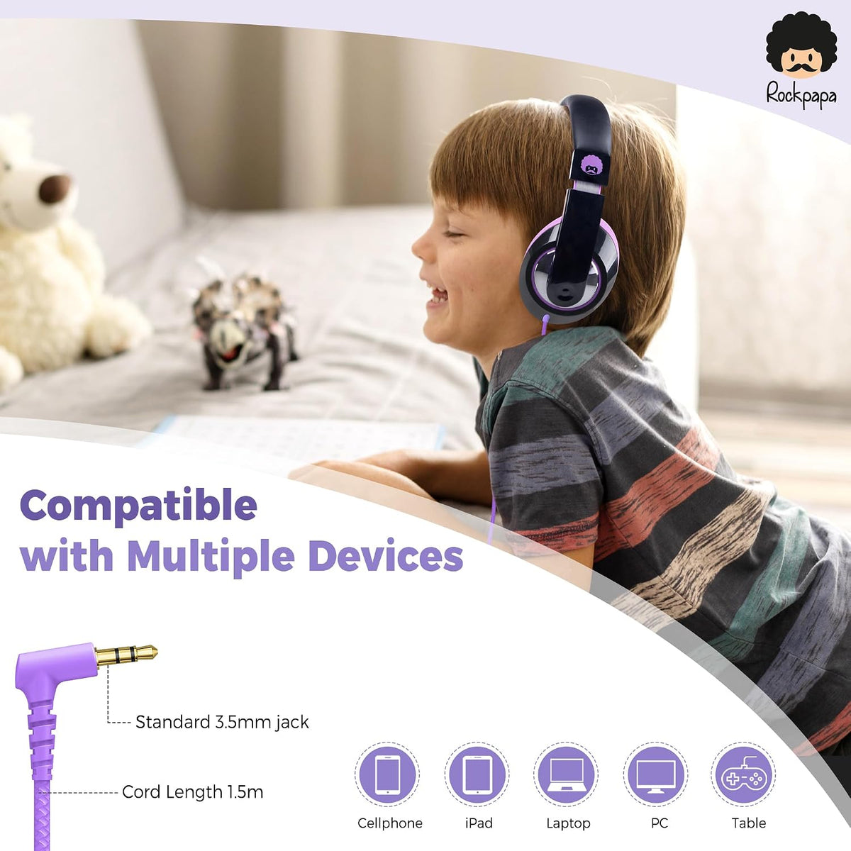 3.5mm 4.9ft rockpapa Comfort Kids Headphones for School, Lightweight Foldable Portable Childs Boys Girls Teens