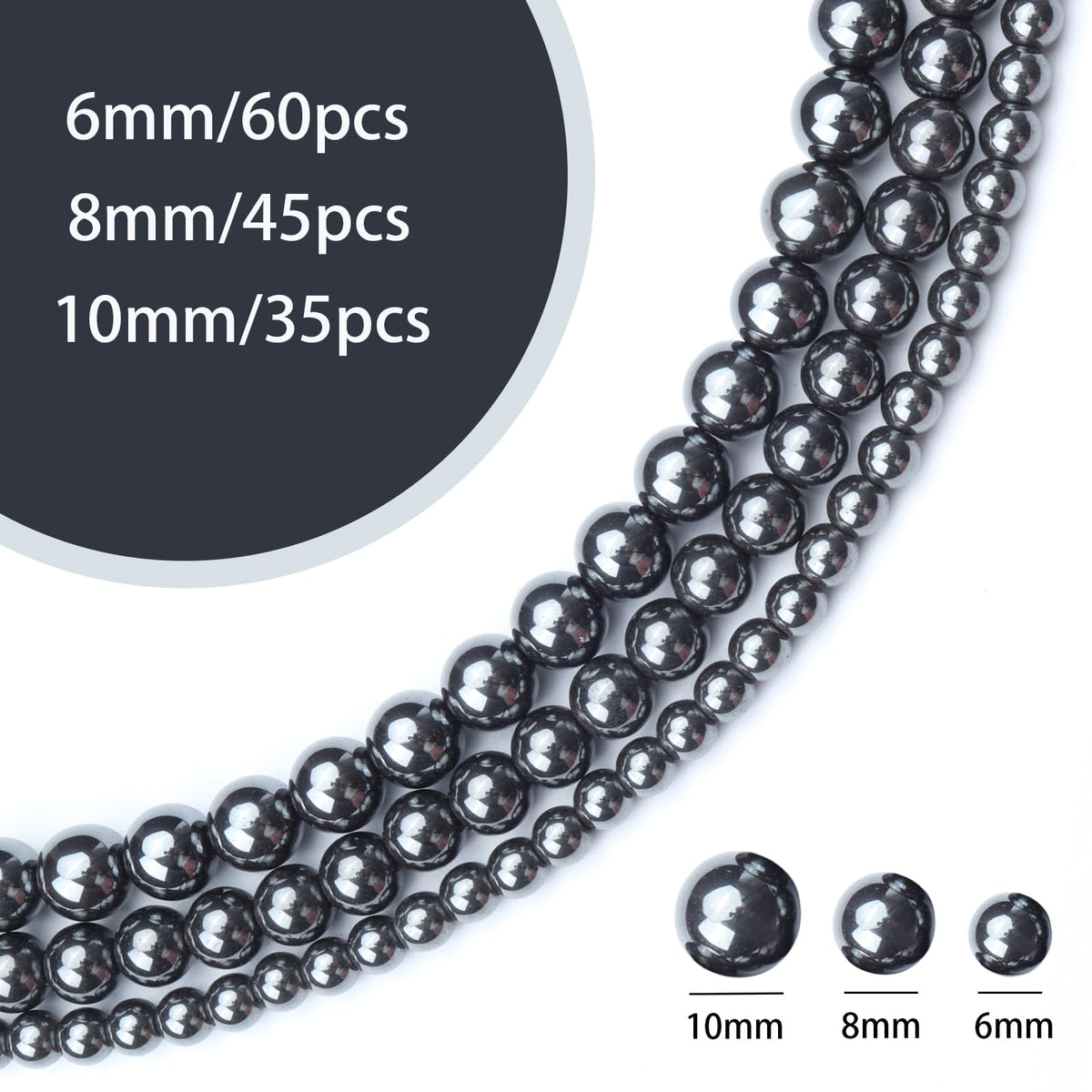 Siomia 60pcs 6mm Natural Black Hematite Beads Energy Healing Crystal Round Loose Stone Beads for Jewelry Making, DIY Bracelets Necklaces