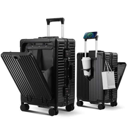 cllson Carry on Luggage Aluminium Frame with Cup Holder,Top opening Suitcases and USB Charging Port,Lightweight with Front Pocket Rolling Suitcases with Spinner Wheels (Beige, 20inch)