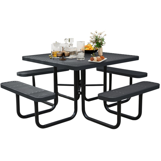 Sunnibety 8-Person Picnic Tables for Outdoors, Industrial 46" Expanded Metal Square Picnic Table with 4 Benches & Umbrella Hole, Outside Table and Bench Set for Garden, Backyard, Porch, Patio, Black