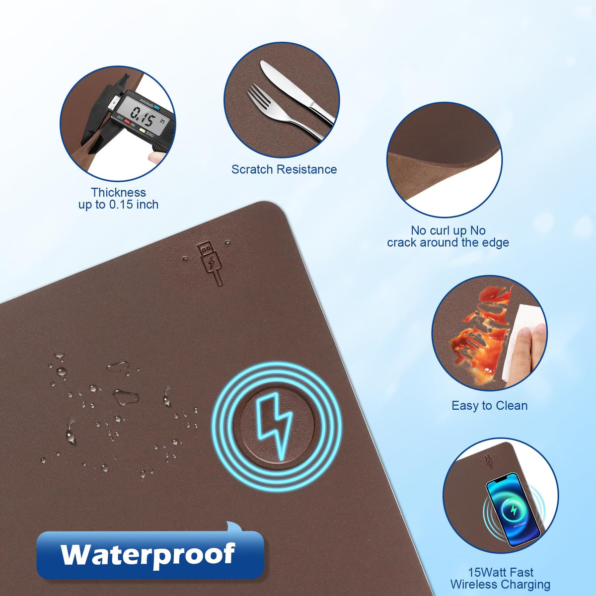 Wireless Charging Desk Mat with Desk Pad for Desktop Charging Large Mouse Pad Waterproof Leather Computer Mat Mouse Pad Non-Slip Protector on Top of Desks for Keyboard and Mouse (brown-r, 32*16inch)
